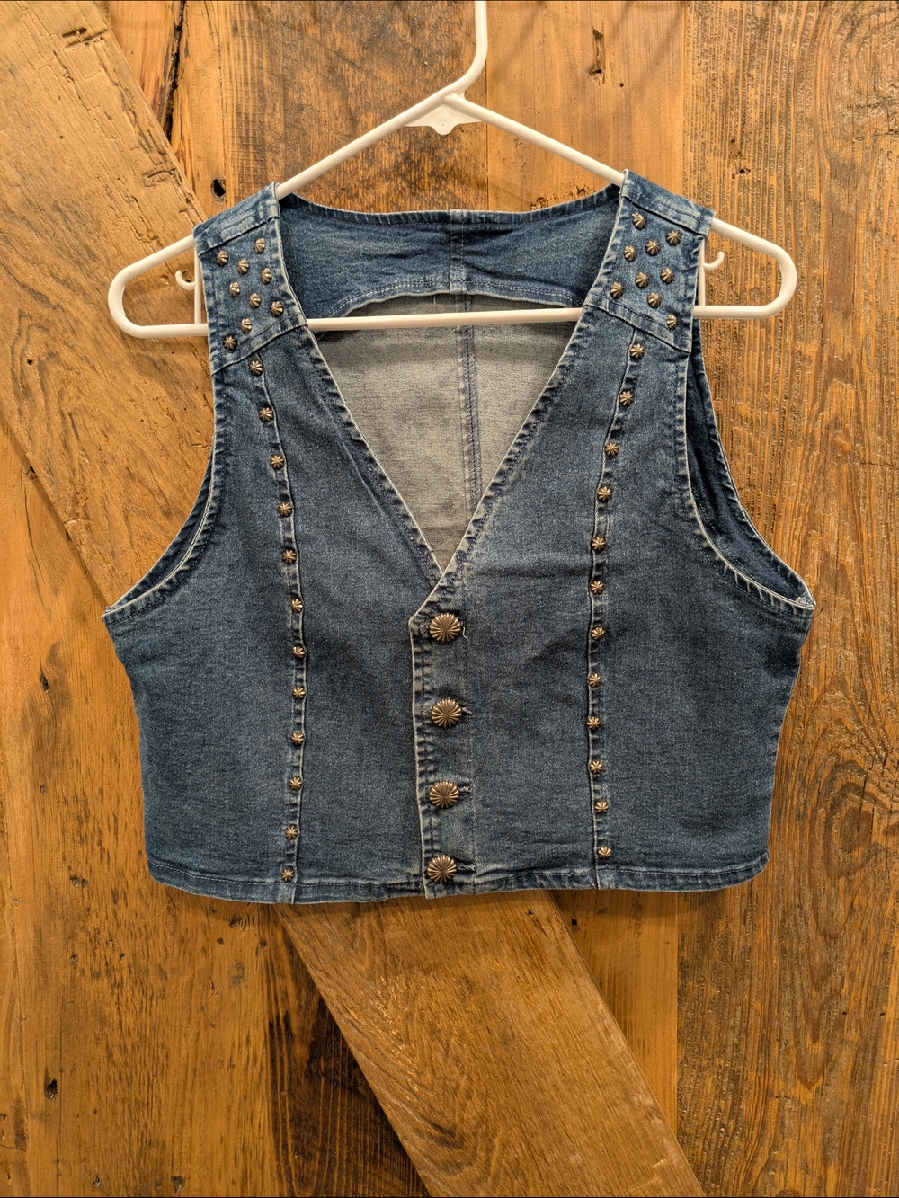 Studded Blue Denim Crop Vest - Women's Sleeveless Button Front